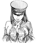  akitsu_maru_(kantai_collection) breasts covering covering_breasts earrings gloves greyscale hat jewelry kantai_collection large_breasts looking_at_viewer monochrome multiple_earrings pentagram piercing simple_background sketch solo takahashi_keitarou tongue tongue_out tongue_piercing torn_clothes white_background 