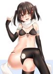  bangs bikini black_bikini breasts brown_eyes brown_hair crossed_legs elbow_gloves gloves hair_ornament jpeg_artifacts kantai_collection keita_(tundereyuina) medium_breasts open_mouth remodel_(kantai_collection) scarf sendai_(kantai_collection) short_hair smile solo swimsuit thighhighs two_side_up 