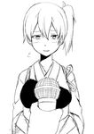  blush commentary_request flying_sweatdrops greyscale ha_akabouzu highres japanese_clothes kaga_(kantai_collection) kantai_collection microphone monochrome muneate open_mouth ponytail short_hair short_sleeves side_ponytail solo_focus 