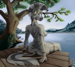  2015 anthro back breasts butt ear_piercing equine fantdragon female fur hair jewelry lake looking_at_viewer mammal nature nude piercing side_boob sitting smile solo stripes white_fur zebra 