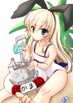  alternate_costume blonde_hair blue_eyes chize hairband kantai_collection lifebuoy long_hair one-piece_swimsuit rensouhou-chan shimakaze_(kantai_collection) sitting swimsuit 