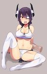  :o belly_grab bikini blush breasts cleavage disembodied_limb full_body gomashi_(goma) hair_between_eyes headgear highres kantai_collection large_breasts navel no_shoes open_mouth purple_hair short_hair simple_background sitting solo swimsuit tankini tenryuu_(kantai_collection) thighhighs white_bikini white_legwear yellow_eyes 
