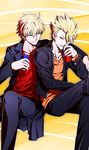  archer_(fate/prototype) arthur_pendragon_(fate) blonde_hair can casual fate/prototype fate_(series) gentleman_in_progress green_eyes male_focus multiple_boys red_eyes 