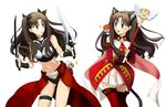  2girls animal_ears archer archer_(cosplay) blue_eyes brown_hair cat_ears cat_tail chibi cosplay dual_persona emiya_shirou fate/hollow_ataraxia fate/stay_night fate_(series) kaleido_ruby kaleidostick kanshou_&amp;_bakuya long_hair magical_girl midriff multiple_boys multiple_girls official_style sketch sukinakoto tail takeuchi_takashi_(style) toosaka_rin two_side_up 