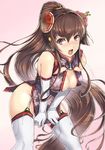  bad_id bad_twitter_id breasts brown_eyes brown_hair china_dress chinese_clothes cleavage dress elbow_gloves garter_straps gloves hair_ornament hi-ho- kantai_collection large_breasts long_hair ponytail solo thighhighs very_long_hair yamato_(kantai_collection) 