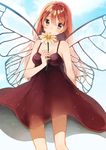  blush breasts brown_hair butterfly_wings cleavage dress flower long_hair looking_at_viewer medium_breasts original parted_lips pink_eyes shigure_ui solo wings 