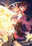  bad_id bad_pixiv_id blue_eyes brown_hair explosion firing_at_viewer highres kantai_collection kantoku_(style) kawai kongou_(kantai_collection) looking_at_viewer night nontraditional_miko open_mouth outstretched_arm outstretched_hand solo thighhighs zettai_ryouiki 