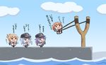  &gt;_&lt; akatsuki_(kantai_collection) alternate_hairstyle anchor_symbol angry_birds black_hair black_legwear brown_hair catapult closed_eyes commentary crying dress fang flat_cap folded_ponytail hair_ornament hair_ribbon hairclip hat hibiki_(kantai_collection) ikazuchi_(kantai_collection) inazuma_(kantai_collection) kantai_collection kotanu_(kotanukiya) long_hair multiple_girls neckerchief panties pantyhose parody pee peeing peeing_self ponytail red_ribbon ribbon sailor_collar sailor_dress short_hair silver_hair sleeves_past_wrists slingshot tears thighhighs translated trembling tress_ribbon underwear wavy_mouth younger 