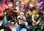  6+boys black_hair blonde_hair blue_eyes braid brown_hair chain clenched_hand crop_top dio_brando dixie_cup_hat fingerless_gloves fire gakuran giorno_giovanna gloves green_eyes grin halter_top halterneck hat higashikata_jousuke higashikata_jousuke_(jojolion) horseshoe ice johnny_joestar jojo_no_kimyou_na_bouken jojo_pose jojolion joka_(night_gate) jonathan_joestar joseph_joestar_(young) kuujou_jolyne kuujou_joutarou military_hat multicolored_hair multiple_boys pink_hair pompadour pose purple_hair scarf school_uniform smile star star_print steel_ball_run two-tone_hair wristband yellow_eyes 