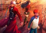  2boys archer bam_mmm dark_skin emiya_shirou fate/stay_night fate_(series) field_of_blades highres multiple_boys orange_hair planted_weapon thighhighs toosaka_rin unlimited_blade_works weapon white_hair 