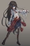  ahoge blood blood_on_face bloody_clothes bloody_tears blue_eyes breasts gradient gradient_background highres intestines kajaneko long_hair original pantyhose scarf simple_background skirt small_breasts solo torn_clothes torn_legwear underboob zombie 