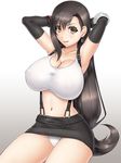  abu armpits arms_up black_skirt breasts brown_eyes brown_hair cleavage collarbone earrings elbow_gloves final_fantasy final_fantasy_vii gloves jewelry large_breasts long_hair midriff miniskirt navel panties skirt smile solo tifa_lockhart underwear white_panties 