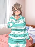  1girl bed bedroom blonde_hair blush braid breasts enoshima_iki female glasses highres hood large_breasts legs long_hair looking_at_viewer original pajamas pillow pink_eyes solo standing striped_clothes sweatdrop thigh_gap thighs twin_braids 