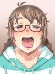  1girl blonde_hair blush braid collarbone cum cum_on_body cum_on_clothes cum_on_glasses cum_on_hair cum_on_upper_body enoshima_iki facial glasses highres hood long_hair looking_at_viewer open_mouth original pink_eyes saliva simple_background solo striped_clothes tongue tongue_out twin_braids upper_body 