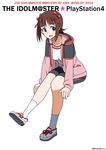  amami_haruka bike_shorts blush brown_hair green_eyes gym_uniform idolmaster idolmaster_(classic) jacket looking_at_viewer nanakura_nanane open_mouth short_hair sitting solo track_jacket 