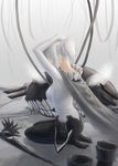  adjusting_hair bodysuit boots boots_removed cape dr.beeeee gloves gloves_removed hat hat_removed headwear_removed highres kantai_collection seiza shinkaisei-kan short_hair short_ponytail silver_hair sitting solo staff tentacles wo-class_aircraft_carrier 
