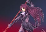  210ten bodysuit breasts fate/grand_order fate_(series) gae_bolg hair_intakes large_breasts long_hair polearm purple_bodysuit purple_hair red_eyes scathach_(fate)_(all) scathach_(fate/grand_order) solo spear very_long_hair weapon 