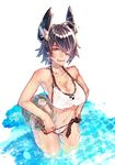  1girl ball beachball bikini breasts cleavage eyepatch headgear highres kantai_collection large_breasts purple_hair short_hair solo swimsuit tenryuu_(kantai_collection) tokonatu wading 