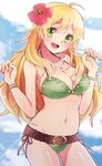  81_(mellowry) :d ahoge belt bikini blonde_hair bracelet breasts cloud day flower green_bikini green_eyes hair_flower hair_ornament highres hoshii_miki idolmaster idolmaster_(classic) jewelry large_breasts long_hair nail_polish navel necklace open_mouth sky smile solo stomach swimsuit 