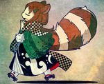  animal_ears brown_hair closed_eyes futatsuiwa_mamizou geta hair_ornament hairclip haori japanese_clothes leaf_hair_ornament natsuno_riku no_eyewear open_mouth pom_pom_(clothes) raccoon_ears raccoon_tail scarf tabi tail touhou walking yawning 