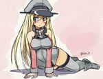  :&lt; all_fours bare_shoulders bismarck_(kantai_collection) blonde_hair blue_eyes blush brown_gloves closed_mouth detached_sleeves gloves grey_legwear hat kantai_collection long_hair long_sleeves looking_away looking_to_the_side military military_uniform peaked_cap pink_background seo_tatsuya solo thighhighs twitter_username uniform v-shaped_eyebrows very_long_hair zettai_ryouiki 