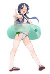  bikini blue_hair blush breasts chagen_kokimu cleavage full_body green_eyes hair_ribbon highres innertube kantai_collection long_hair low_twintails navel one_eye_closed open_mouth pointing ribbon sandals small_breasts solo suzukaze_(kantai_collection) swimsuit transparent_background twintails very_long_hair 