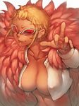  blonde_hair breasts cleavage donquixote_doflamingo fumio_(rsqkr) genderswap genderswap_(mtf) large_breasts middle_finger navel one_piece open_clothes open_shirt shirt short_hair smile solo sunglasses 