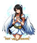  absurdres ambriel_(synicode) angel_wings belt black_hair borrowed_character closed_eyes collarbone commentary cropped_legs dress english english_commentary facing_viewer flower hair_flower hair_ornament highres jewelry long_hair necklace original pride-kun sidelocks smile solo steepled_fingers transparent_background very_long_hair white_dress wings 