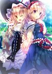 ;d akane_hazuki alice_margatroid back-to-back blonde_hair blue_dress blue_eyes capelet curiosities_of_lotus_asia dappled_sunlight dress hairband hand_on_own_chest hands_together hat hat_ribbon kirisame_marisa lolita_hairband long_hair multiple_girls one_eye_closed open_mouth outdoors ribbon sash short_hair skirt skirt_set smile sunlight touhou witch_hat wrist_cuffs yellow_eyes 
