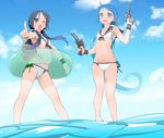  blue_eyes blue_hair chagen_kokimu dual_wielding green_eyes hair_ribbon highres holding kantai_collection long_hair low_twintails multiple_girls one_eye_closed open_mouth pointing ribbon samidare_(kantai_collection) suzukaze_(kantai_collection) swimsuit twintails very_long_hair walking walking_on_liquid 
