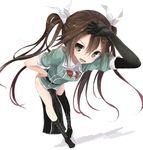  asymmetrical_legwear black_gloves black_legwear brown_eyes brown_hair doyagao edogawa_nao elbow_gloves foreshortening gloves green_eyes hair_between_eyes hair_ribbon hand_on_hip kantai_collection leaning_forward long_hair open_mouth pelvic_curtain remodel_(kantai_collection) ribbon side_slit simple_background single_elbow_glove single_thighhigh smile thighhighs tone_(kantai_collection) twintails white_ribbon 