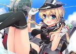  alternate_costume badge bankoku_ayuya blonde_hair button_badge food hat ice_cream iron_cross kantai_collection long_hair machinery md5_mismatch peaked_cap prinz_eugen_(kantai_collection) smile solo twintails 