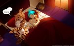  2018 anthro bed bedroom blue_hair breasts casual_nudity chest_tuft digitigrade duo ears_back eyes_closed featureless_breasts feline female flora_(twokinds) fur hair hair_over_eye hi_res human inside keidran looking_back lying male mammal nude on_back on_bed orange_fur pillow sitting sleeping smile striped_fur stripes tail_grab tail_hug tiger tom_fischbach trace_legacy tuft twokinds under_covers webcomic white_fur window yellow_eyes 