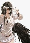  :d albedo alternate_costume belt black_hair black_wings blue_nails breasts casual cleavage collarbone contemporary demon_horns dress hair_between_eyes horn_ornament horn_ribbon horns jewelry large_breasts long_hair looking_at_viewer low_wings middle_w nail_polish necklace official_art open_mouth overlord_(maruyama) ribbon simple_background slit_pupils smile so-bin solo sweater sweater_dress teeth w white_background wings wrist_ribbon yellow_eyes 