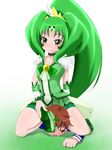 1girl blush bow choker cure_march femdom gradient gradient_background green_bow green_eyes green_hair long_hair magical_girl midorikawa_nao ponytail precure puii shoes_removed smell smelling smile_precure! 