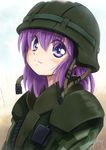  blush helmet highres kem_kem military original purple_eyes purple_hair smile soldier solo 