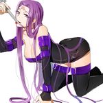  5spra breasts cleavage fate/stay_night fate_(series) large_breasts licking licking_weapon long_hair nameless_dagger purple_eyes purple_hair rider solo thighhighs very_long_hair 