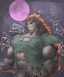  abs angry anthro biceps big_muscles brown_fur canine claws clothed clothing fangs flakjacket0204 full_moon fur growth half-dressed human japanese_text mammal moon muscle_growth muscles night orange_fur portrait red_eyes sequence shirt simple_background solo teeth text transformation were werewolf 