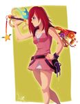  1girl achi belt blue_eyes blush kairi_(kingdom_hearts) keyblade kingdom_hearts long_hair necklace red_hair simple_background skirt solo 