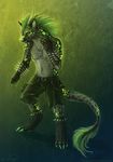  2015 anthro black_fur bracers claws clothing dragon fur glowing green_fur green_hair green_spots grey_fur hair horn hybrid hyena male mammal naira necklace open_mouth pawpads paws pestilence_(saruki) portrait shorts solo spikes spotted_hyena 