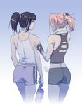  alternate_hairstyle ass bike_shorts black_hair bottle bunching_hair camisole cropped_legs fingerless_gloves from_behind gloves haruno_sakura hyuuga_hinata mike_nesbitt multiple_girls naruto naruto_(series) pink_hair ponytail shorts sports_bra towel towel_around_neck water_bottle 