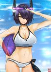  ball bare_shoulders beachball bikini breasts cleavage commentary eyepatch headgear highres kantai_collection large_breasts looking_at_viewer navel norman_maggot purple_hair salute short_hair smile solo swimsuit tenryuu_(kantai_collection) white_bikini yellow_eyes 