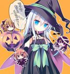  akatsuki_(kantai_collection) animal_ears bat blue_eyes brown_eyes brown_hair cape cat_ears cat_tail chibi chibi_inset detached_sleeves dress hairband halloween halloween_costume hat hat_tip hibiki_(kantai_collection) ikazuchi_(kantai_collection) inazuma_(kantai_collection) kantai_collection lace lace-trimmed_dress long_hair looking_at_viewer multiple_girls mummy_costume open_mouth pumpkin purple_eyes purple_hair ribbon shirogane_hina short_hair simple_background solo_focus tail translated witch witch_hat 