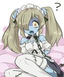  1girl ? apron bare_shoulders blonde_hair blue_skin chains disgaea fang hair_over_one_eye kururunpa maid maid_(disgaea) makai_senki_disgaea_5 pointy_ears saliva thighhighs twintails yellow_eyes zombie 