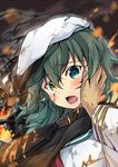  blush eyepatch eyepatch_removed green_eyes green_hair hat heterochromia kakao_rantan kantai_collection kiso_(kantai_collection) looking_at_viewer open_mouth out_of_frame pov pov_hands remodel_(kantai_collection) school_uniform serafuku short_hair solo_focus tears torn_clothes yellow_eyes 