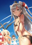  amatsukaze_(kantai_collection) ass bangs bare_shoulders bikini black_bikini blonde_hair blush bow breasts brown_eyes brown_hair butt_crack cloud collarbone covered_nipples day hair_tubes hairband hand_on_own_chest headgear innertube kantai_collection long_hair looking_at_viewer multiple_girls navel open_mouth outdoors shimakaze_(kantai_collection) short_hair silver_hair sky small_breasts smile smoke_trail swimsuit tan teeth two_side_up white_swimsuit windsock yellow_eyes yukikaze_(kantai_collection) zukky 