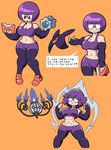  abs bangs bike_shorts black_legwear blunt_bangs bob_cut book breasts chandelure dumbbell elite_four english fingerless_gloves gen_5_pokemon glasses gloves highres klink large_breasts midriff muscle muscular_female opaque_glasses pantyhose pokemon pokemon_(creature) pokemon_(game) pokemon_bw pose powering_up purple_hair shenanimation shikimi_(pokemon) short_hair smile weighted_clothes weightlifting 