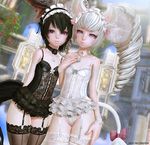  3d animal_ears arms_behind_back artist_name artist_painter black_hair brown_eyes bustier curly_hair elin_(tera) garter_straps head_wings long_hair multiple_girls panties playmoe short_hair silver_hair smile tail tera_online thighhighs twintails underwear watermark 