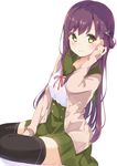  black_legwear cardigan chikuwa. folded_hair gakkou_gurashi! hair_ornament hairclip long_hair looking_at_viewer mole mole_under_eye purple_hair school_uniform sitting smile solo thighhighs wakasa_yuuri yellow_eyes 