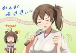  2girls antenna_hair brown_hair closed_eyes commentary_request double_bun hiromon japanese_clothes kaga_(kantai_collection) kaga_cape kantai_collection microphone multiple_girls music naka_(kantai_collection) o_o open_mouth ponytail remodel_(kantai_collection) short_hair short_sleeves side_ponytail singing translated 